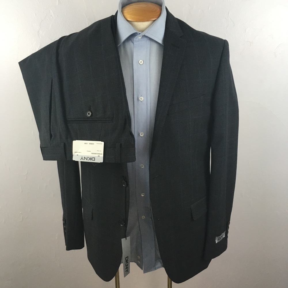 Dkny 40r mens suit charcoal plaid blue checks slim fit 100% wool new nwt ea0029